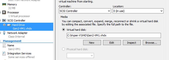 Task 3: Explore Gen2-VM Settings Perform this task on SERVER1 while logged on as Contoso\Administrator 1. Right click Gen2-VM and select Settings. 2.