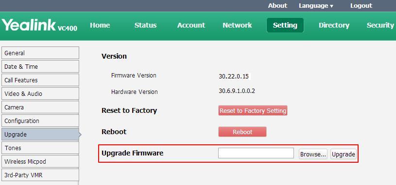 To upgrade firmware via web user interface: 1. Click on Setting->Upgrade. 2. Click Browse to locate the firmware from your local system. 3.