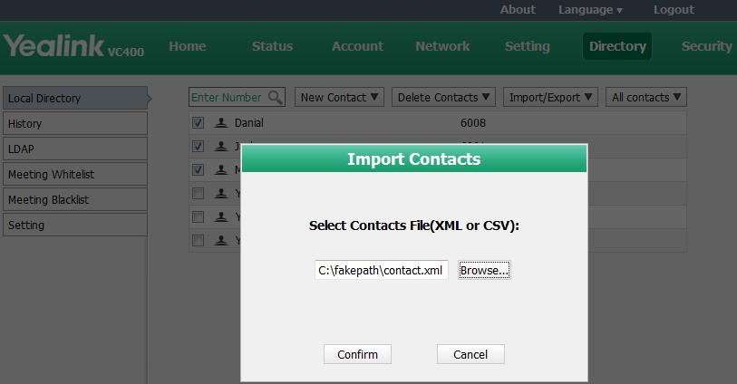 Customizing the VC400 Video Conferencing System Importing/Exporting Contact Lists You can import or export the contact list to share contacts between different systems or between system and
