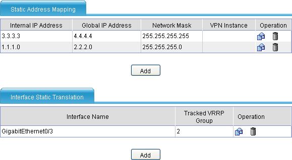 Figure 7 Static NAT configuration page Figure 8 Add Static Address Mapping page Table 6 Static NAT configuration item Item VPN Instance Internal IP Address Global