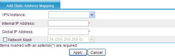 Type a public IP address for the static address mapping. Specify the network mask for internal and public IP addresses.