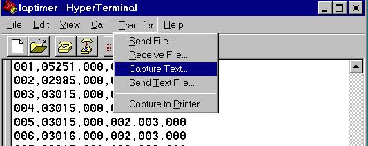 To capture the data into a file, click on Transfer on the HyperTerminal screen and then select Capture Text: 5.