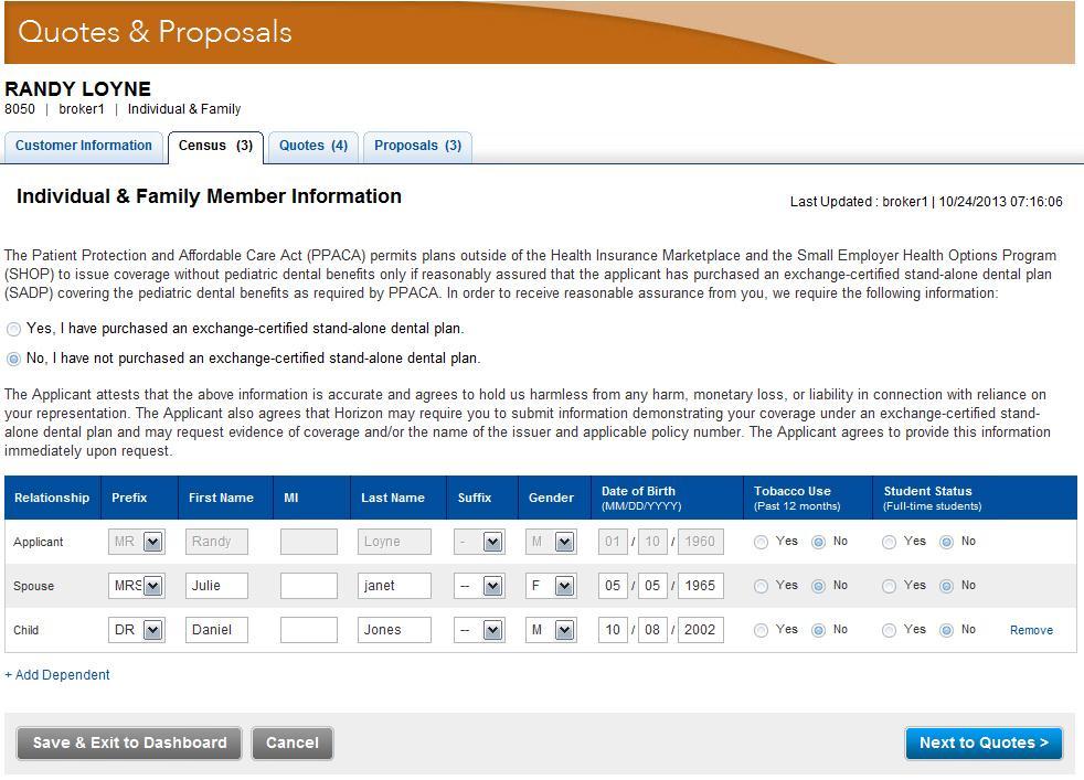 1. In the Broker portal menu, click Quotes & Proposals. The Quotes & Proposals page is displayed. Figure 56. Consumer Census: Quotes & Proposals Page 2.