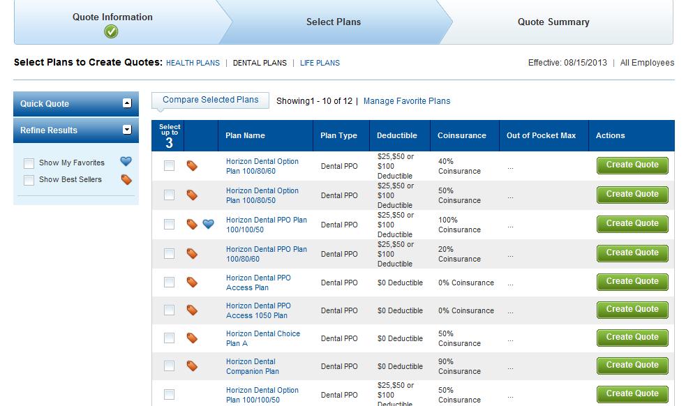 Figure 84. Dental Plans Page In the dental plans list, you can sort each column in alphabetical or high-low and low-high order, based on the type of the column.