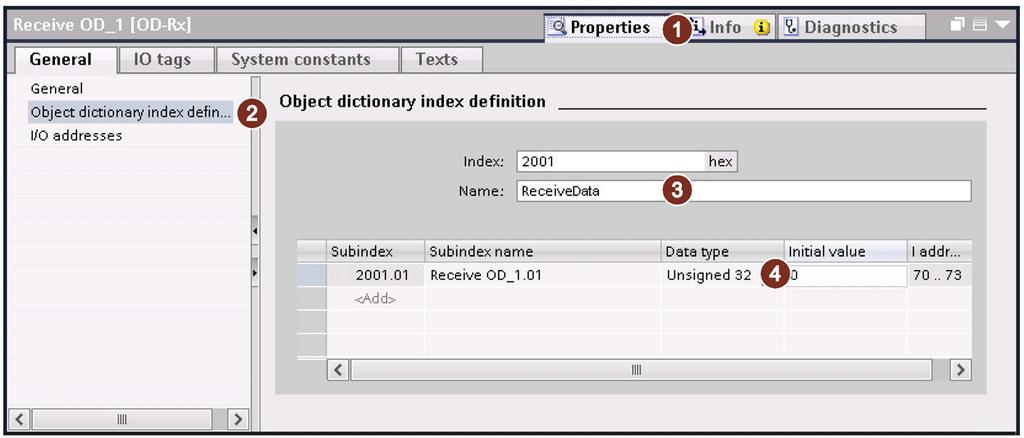 The received data are written into the OD entry. 4. Select "Properties 1 General Object dictionary index definition 2". 5.