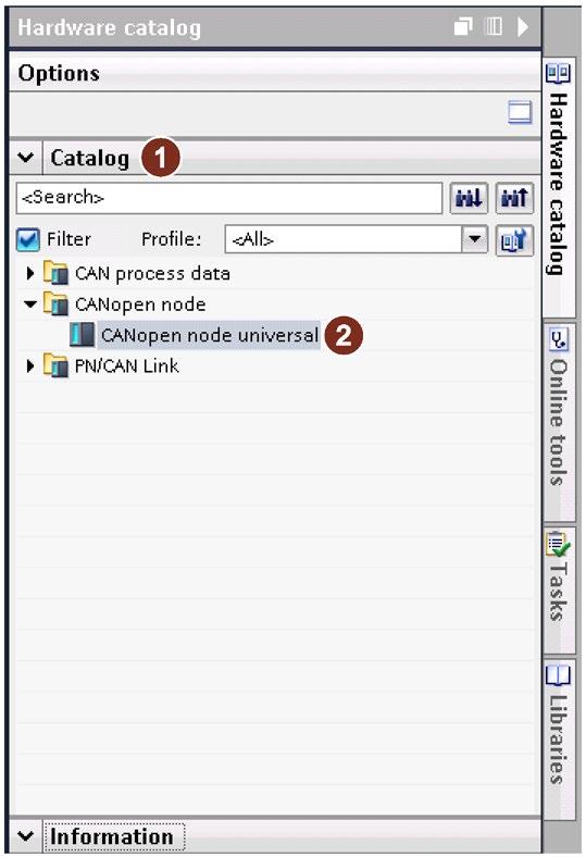 Inserting CAN nodes 1. Select "Device view 1 Device overview CANopen manager 2"