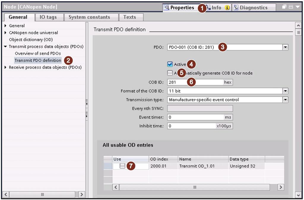 Setting the Transmit PDO definition 1. Select "Device view 1 Device overview Node 2". 2. Select "Properties 1 General Receive process data objects (PDOs) Transmit PDO definition 2". 3.