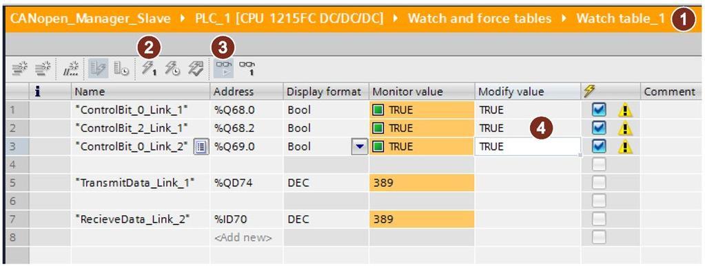 4. Switch to "Watch table" 1. 5. Click on "Monitor all" 3. 6. Enter "TRUE" in the "Modify value" 4 column. 7.
