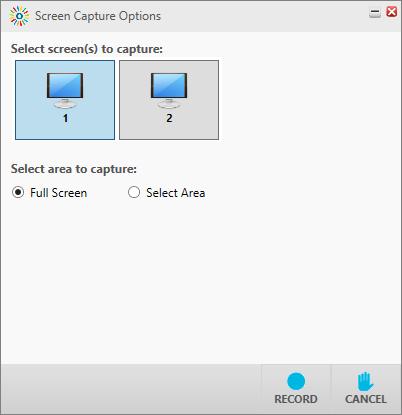 Screen 1. Capture your screen and audio by clicking Screen from the Record tab. 2. Select Full Screen or a Select Area, and then click Record. Trim Chop 3. The Screen Capture status bar appears.