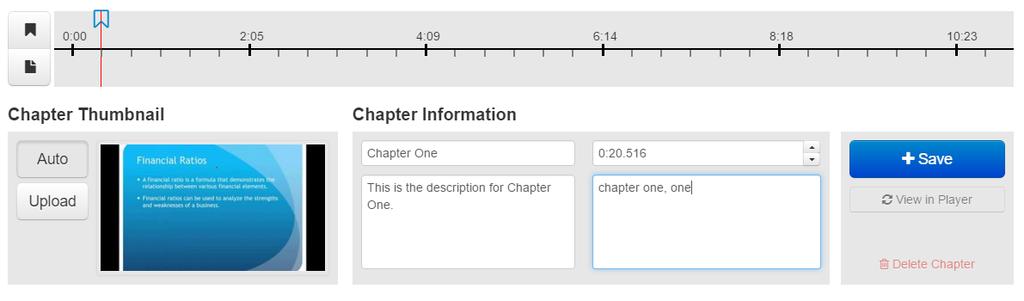 When choosing Auto, the slide the bookmark is on appears as the image. 3. Type the Chapter Title. 4. Type the Chapter Description. 5.