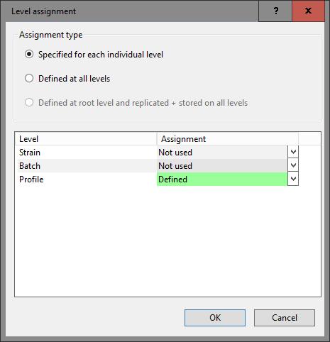 14 Figure 25: The initial level assignment settings for AFLP4. 3. Use the corresponding drop-down list next to Strain to change the Assignment from Not used to Replicated. 4.