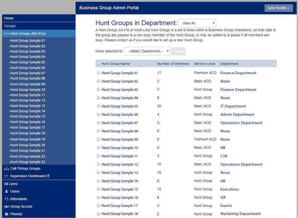 AirePBX CommPortal Guide 29 Figure 19: Hunt Groups screen On this screen, the BG Administrator can: select one or more Hunt Groups using the check-boxes and move the selected Hunt Group(s) between