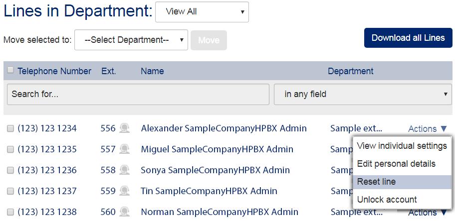AirePBX CommPortal Guide 33 Figure 22: Resetting a Business Group line To reset a Business Group line: On the BG Admin Lines page, the BG Administrator clicks the Actions menu drop-down alongside the