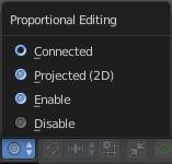 Proportional Editing is not available in all modes. Proportional editing in Object mode is made of two elements. The on off switch. And a drop-down box where you can choose the falloff method.