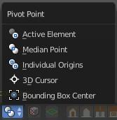 Header Tool - Pivot Point The Pivot Point is the point around which the object manipulation happens. Rotation, mirroring, and so on. Normally this happens around the pivot of the active object.