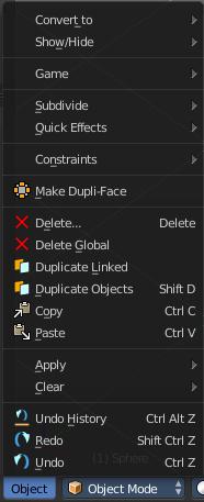 Object Mode - Object menu The object menu in Object mode provides you with tools to work at Object level. It contains things like undo redo, copy and paste, delete and other general tools.
