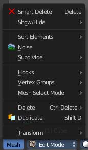 Edit Mode - Mesh Object - Mesh Menu The Mesh Menu in Edit Mode contains the tools to manipulate the mesh geometry in Edit mode. It just exists for Mesh Objects.