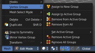 When there is no vertex group assigned yet then you can only see one menu item. The assign to new group button.