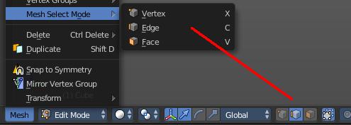 Remove All Groups Removes all vertex groups from the mesh. Mesh Select Mode Mesh Select mode is a sub menu where you can set the current mesh select mode.