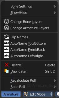 Edit Mode - Armature Object - Armature Menu The armature menu provides you the tools to work with armatures and its bones in edit mode.
