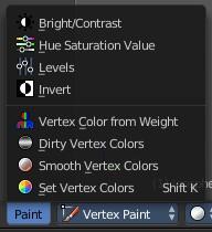 Show All Makes all invisible mesh parts visible again. Vertex paint Mode - Paint Menu The Paint menu contains tools for vertex painting in Vertex paint mode.