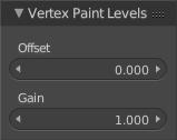 Last Operator Vertex Paint Levels Offset Adjust the Offset of the vertex colors. Gain Adjust the Gain of the vertex colors. Invert Inverts the vertex colors.
