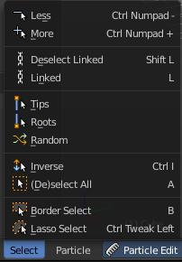 Particle Mode - Select Menu The Select menu in Particle mode provides you with some selection tools to edit the particles. When you are in Emitter mode then most of the menu items are greyed out.