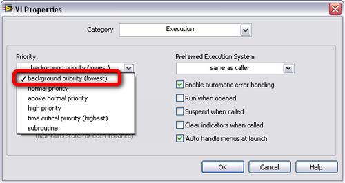 Execution priority In LabVIEW while loops run at normal priority, and timed loops run between time-critical priority and above high priority.