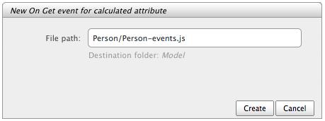 Click on the icon to define in which file you want to create the code for the calculated attribute's event: The initial code is entered automatically in the JavaScript file that