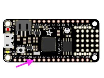 Gemma M0 A0 is located in the middle of the right side of the board next to the On/Off switch.