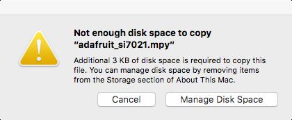 Delete something! The simplest way of freeing up space is to delete files from the drive. Perhaps there are libraries in the lib folder that you aren't using anymore or test code that isn't in use.