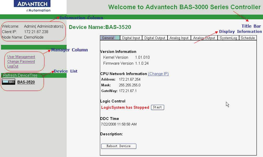 5.1.1 Introduction Chapter 5 Web Server The welcome page includes Title bar, Information column, Management column, Device list, and Info display area.
