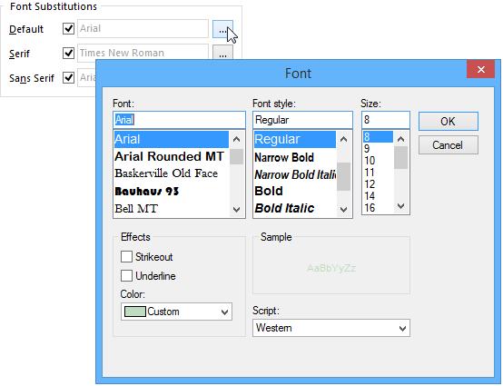 Each of the three standard fonts used in the PCB Editor (Default, Serif and Sans Serif) can be substituted for a different Windows font when the printout is generated.