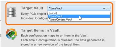 Specifying the Location for Released Data - an Altium Vault Related article: Altium Vault The data generated upon releasing a design project (or rather defined configurations of that project) is