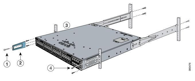 Installing the Switch on a Table or Shelf Figure 15: Mounting the Switch in a Rack 1 Phillips machine screw, black 3 Front-mounting position 2 Cable guide 4 Number-12 or number-10 Phillips machine