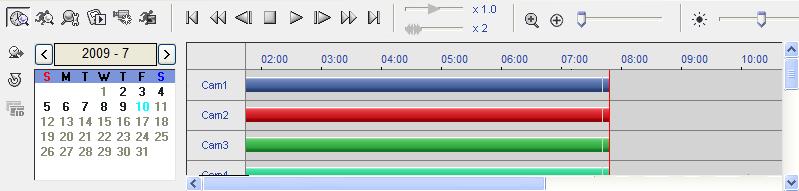 The recorded data are displayed by time and bar-shaped segments indicate there are recorded data during that time. Select a specific hour by clicking the mouse on the desired hour segment.