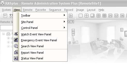 Remote Administration System Plus (RASplus) Exit: Disconnects all current connections and exits RASplus program. View Menu Displays or closes the toolbar and panels.
