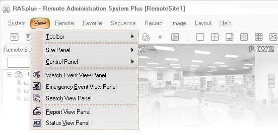 Remote Administration System Plus (RASplus) Exit: Disconnects all current connections and exits RASplus program. View Menu Displays or closes the toolbar and panels.