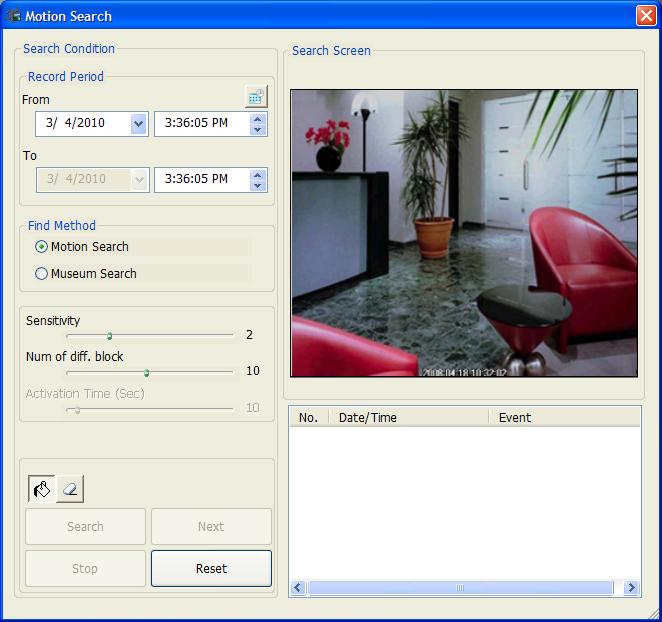 Remote Administration System Plus (RASplus) NOTE: Motion Search is supported only in the single-screen mode. Record Period: Sets up the record period of images to search.
