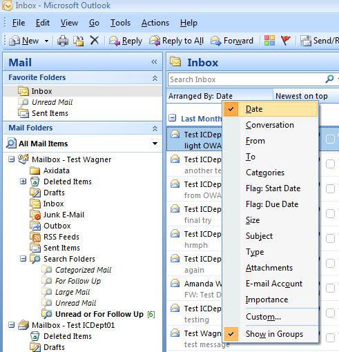 38 1. In the message list, click on Arranged By.. 2. Choose the desired sort order from the pull-down list. Creating a New Folder You can create new folders to help you organize Outlook items.