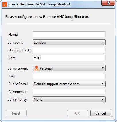Create a Remote VNC Shortcut To create a Remote VNC shortcut, click the Create button in the Jump interface. From the dropdown, select Remote VNC.