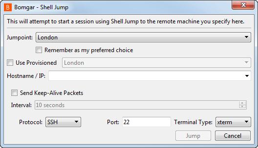 To perform a Shell Jump through Bomgar, you must have access to a Jumpoint with Shell Jump enabled, and you must have the user account permission Allowed Jump Methods: Shell Jump.