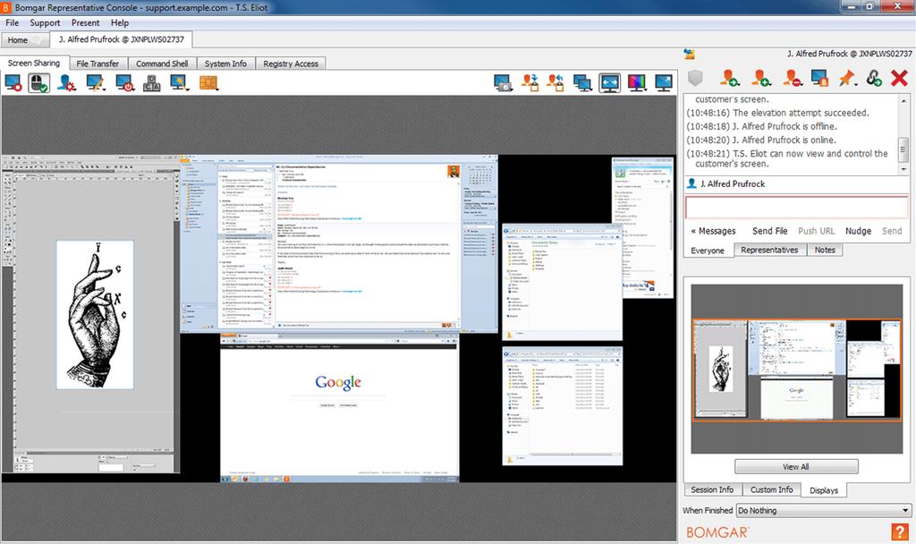 BOMGAR REMOTE SUPPORT REPRESENTATIVE GUIDE 17.1 Using the Displays Tab Select the Displays tab to see thumbnail images of all the displays attached to the remote computer.