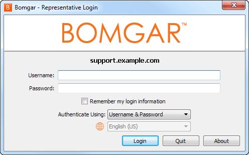 Log into the Representative Console After installing the Bomgar representative console, launch the representative console from its directory location as defined