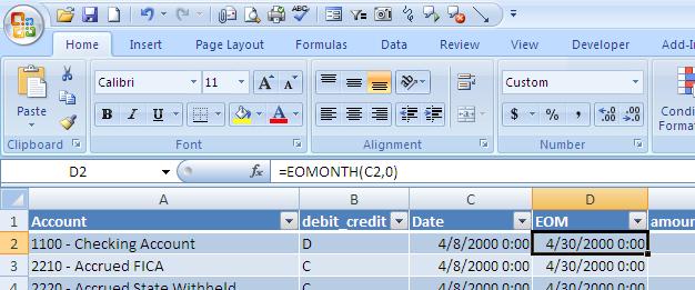 Insert a column to the right of the Date field. In the first column, use the END OF MONTH formula.