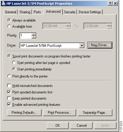 Chapter 13 Configuring Print Services Step 4 Choose the printer for which you want to upload a driver, right click on it, and choose Properties. (See Figure 13-7.