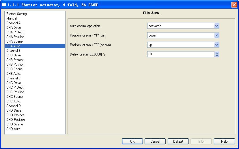 opened, 100%=closed 5.3.6 Parameter window CHA Auto. The parameter window CHA Auto. is shown in fig.5.8. Here can set the automatic sun protection operation.