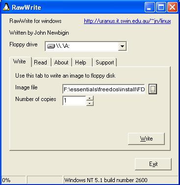 Figure 6-12. RawWrite for Windows selection dialog Chapter 6. Menu Options Select the tab "Read" from the menu.