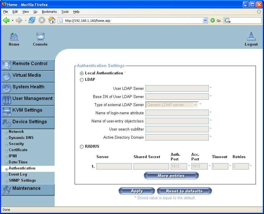Chapter 6. Menu Options Authentication Settings Figure 6-32. LDAP and other Authentication Settings On this screen you can specify where the ASMI module will look in order to authenticate the users.