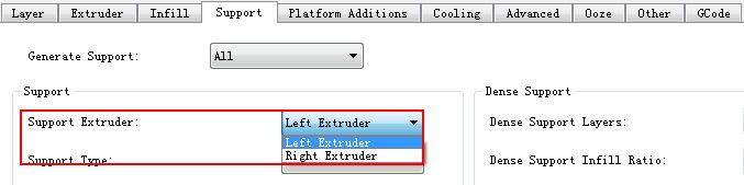 Figure 6.15: Select an extruder to print support. Figure 6.16: Select an extruder to print raft. 3.